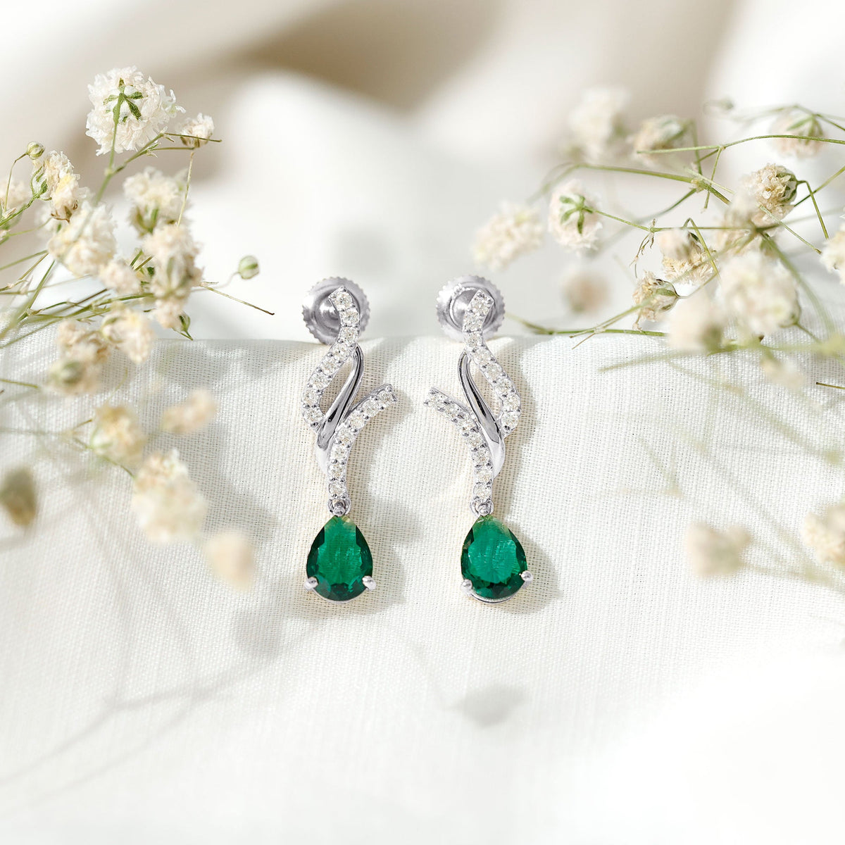 Vintage Lab Grown Emerald Teardrop Earrings with Diamond Accent