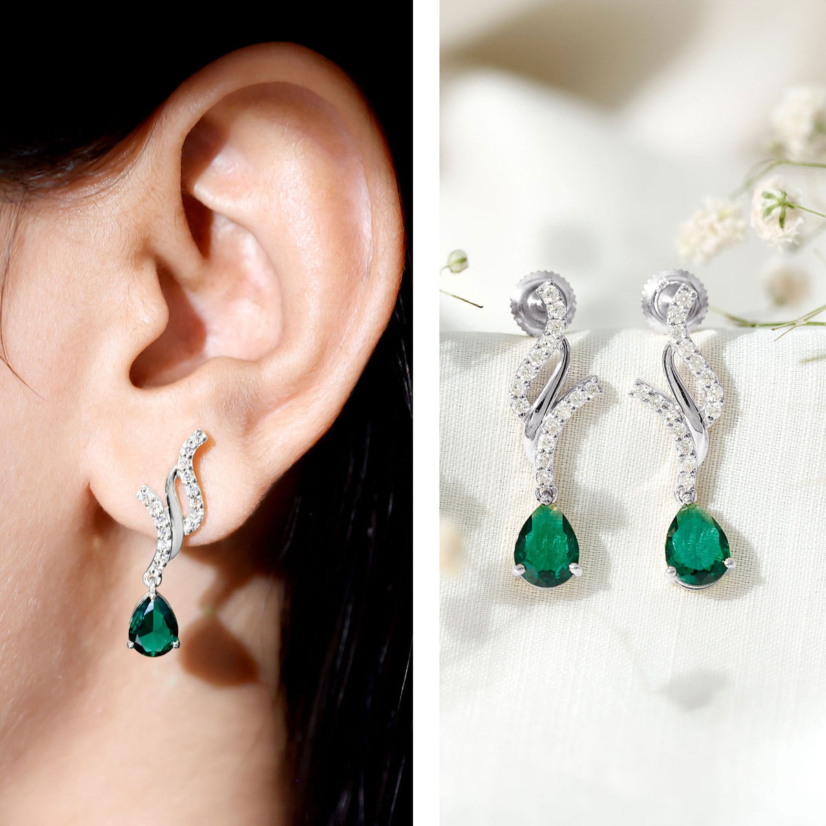 Vintage Lab Grown Emerald Teardrop Earrings with Diamond Accent