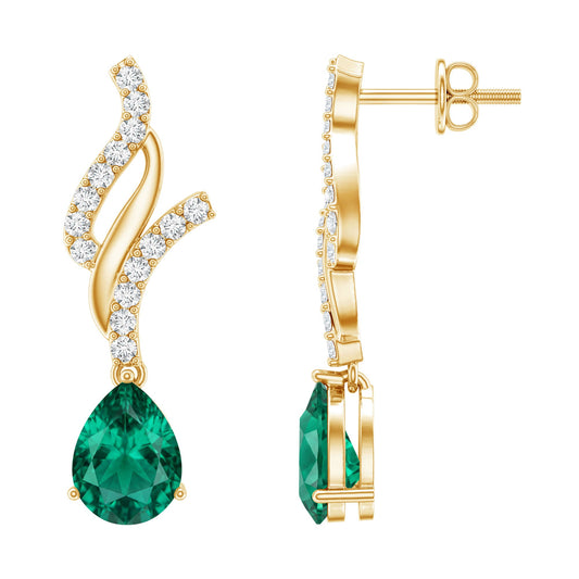 Vintage Lab Grown Emerald Teardrop Earrings with Diamond Accent