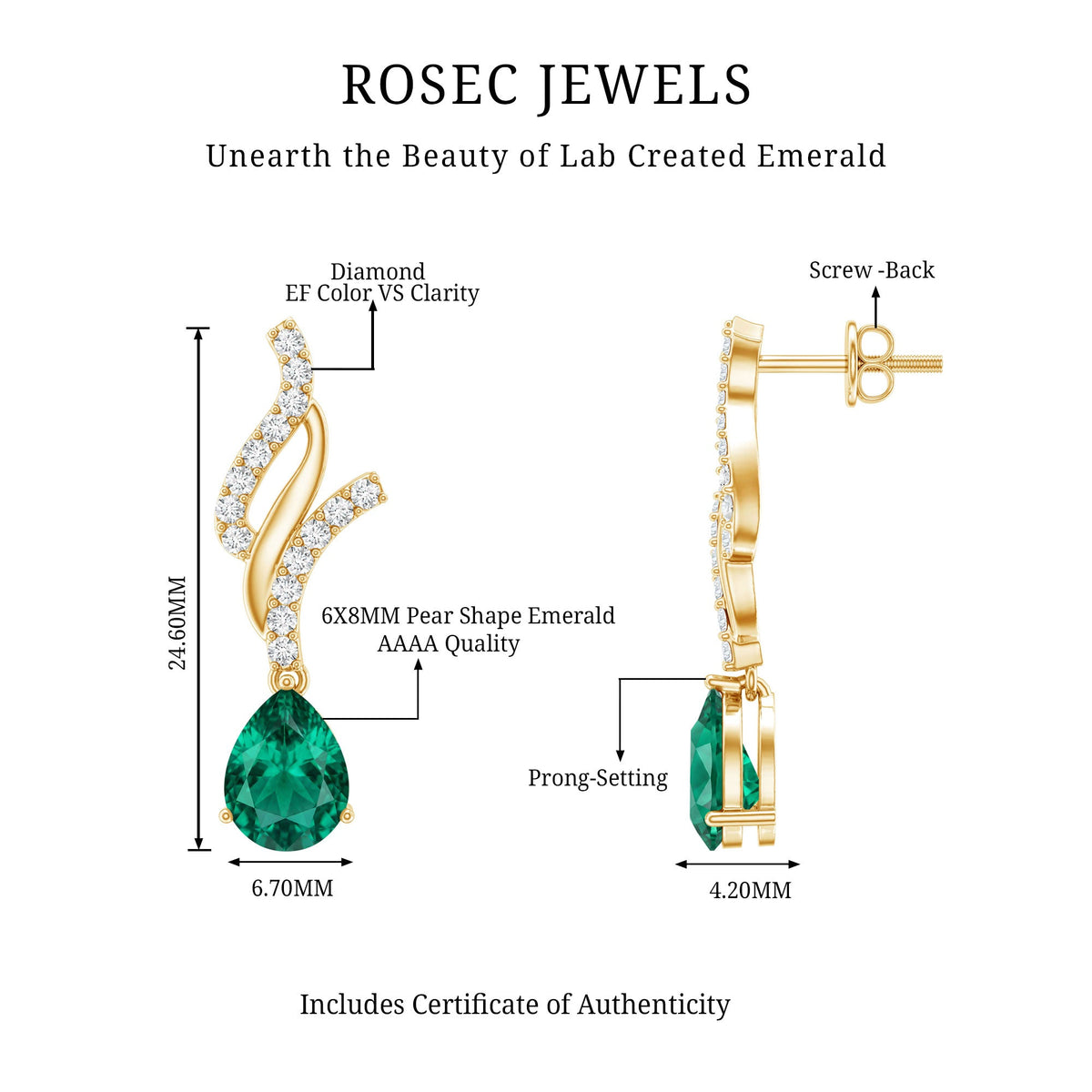 Vintage Lab Grown Emerald Teardrop Earrings with Diamond Accent