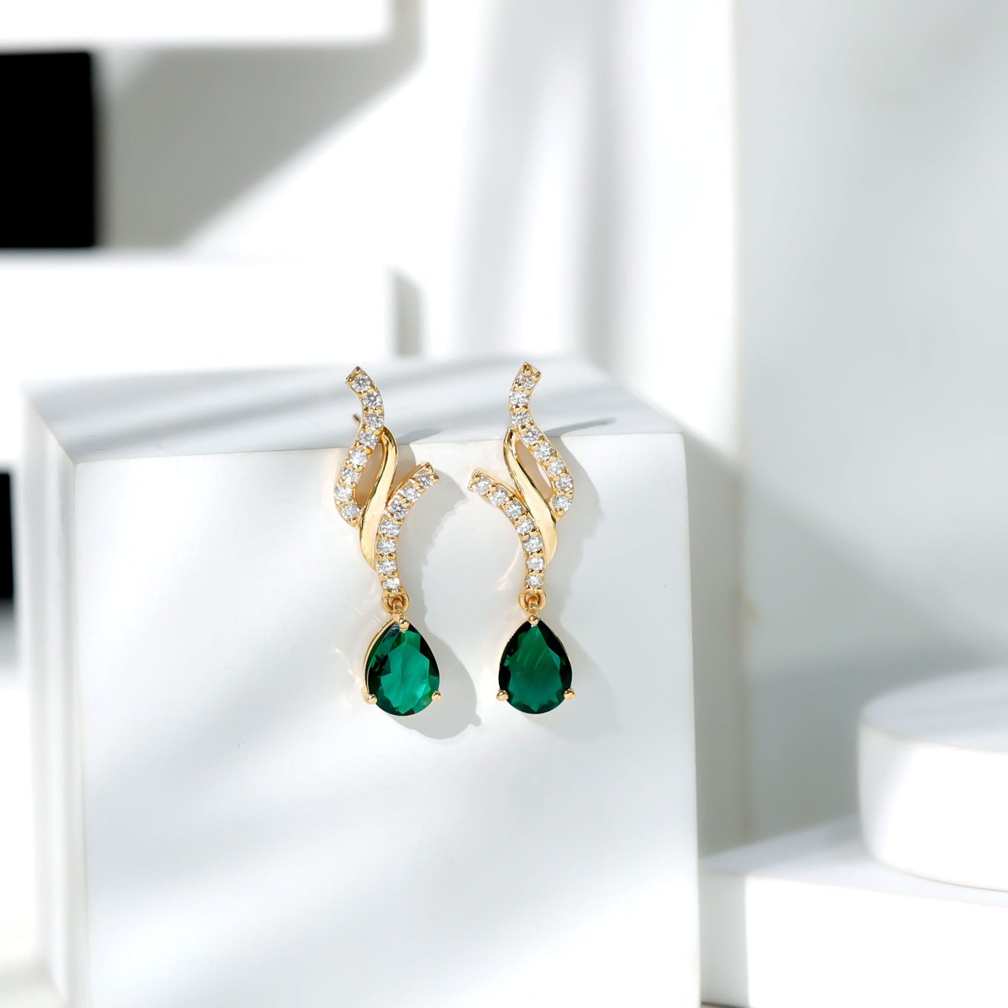 Vintage Lab Grown Emerald Teardrop Earrings with Diamond Accent