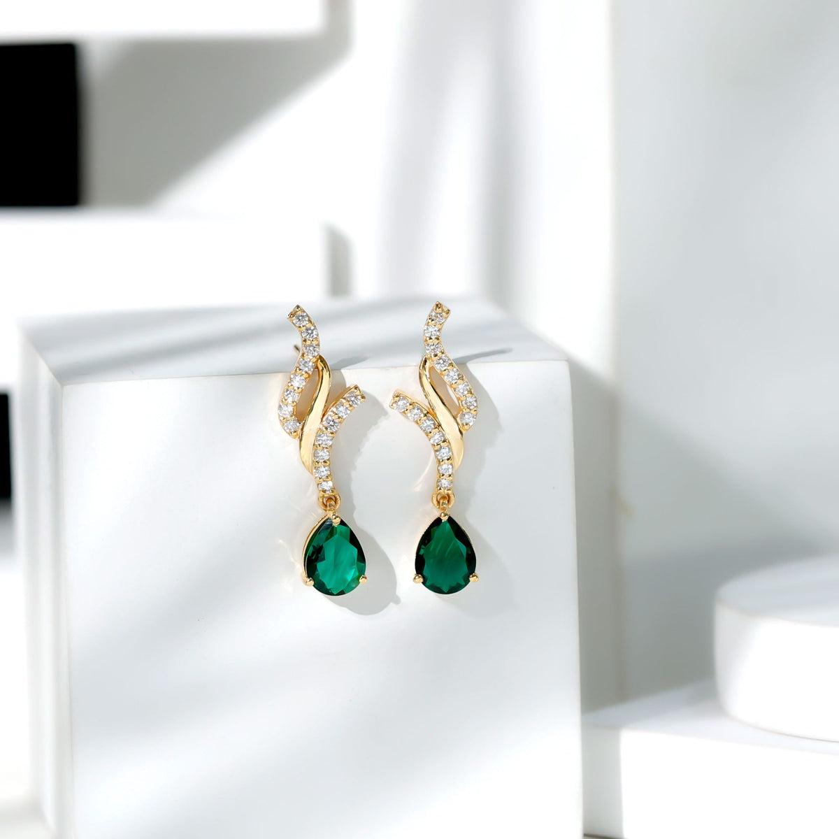 Vintage Lab Grown Emerald Teardrop Earrings with Diamond Accent