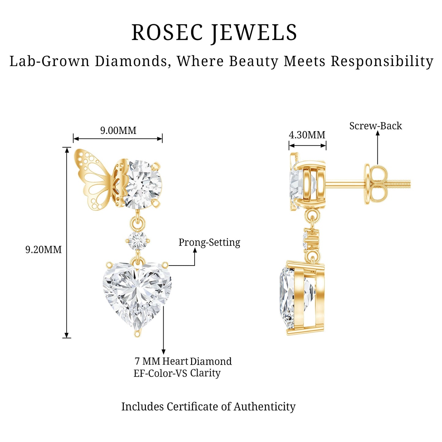Heart Shaped Lab Grown Diamond Butterfly Drop Earrings