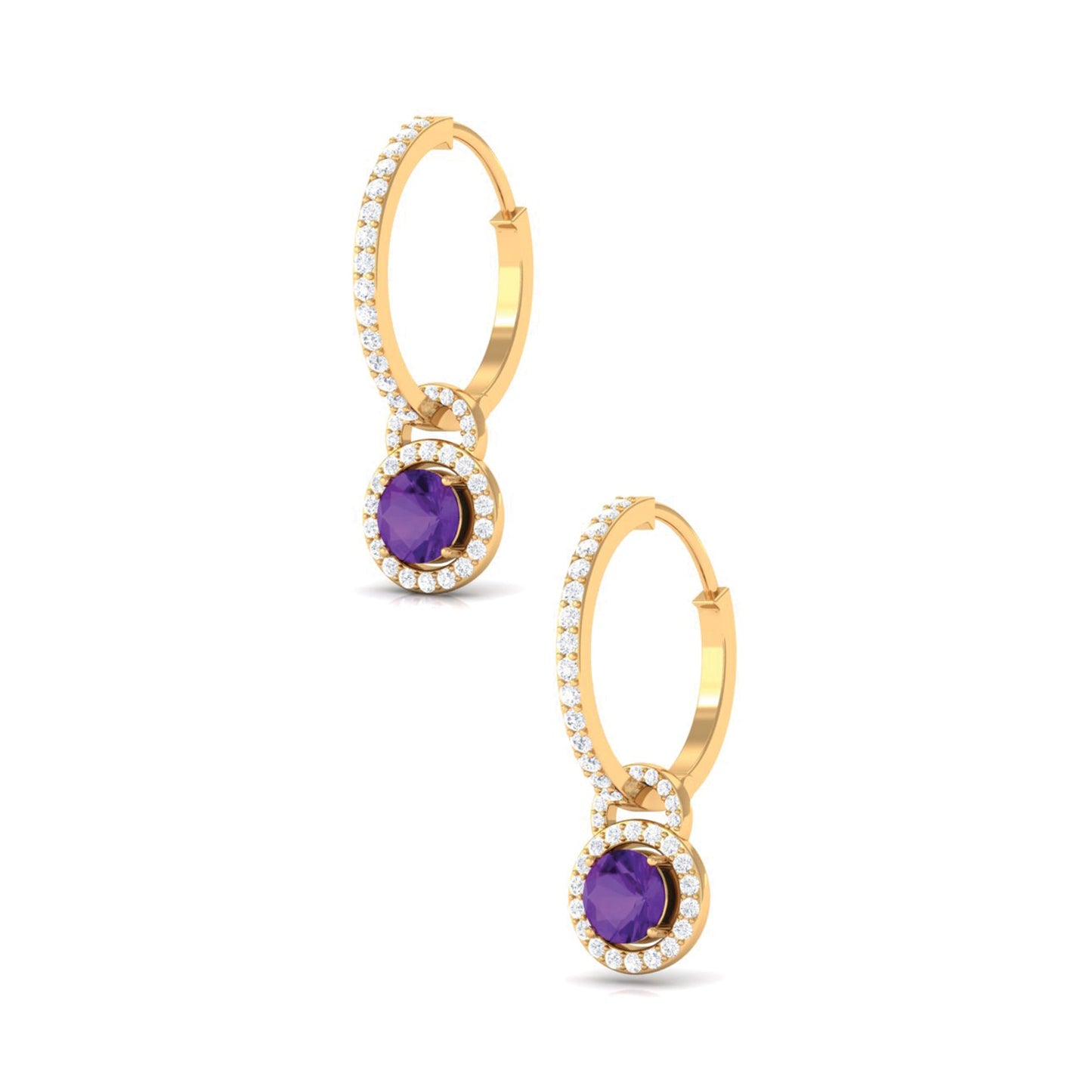 Real Amethyst Drop Hoop Earrings with Moissanite Halo