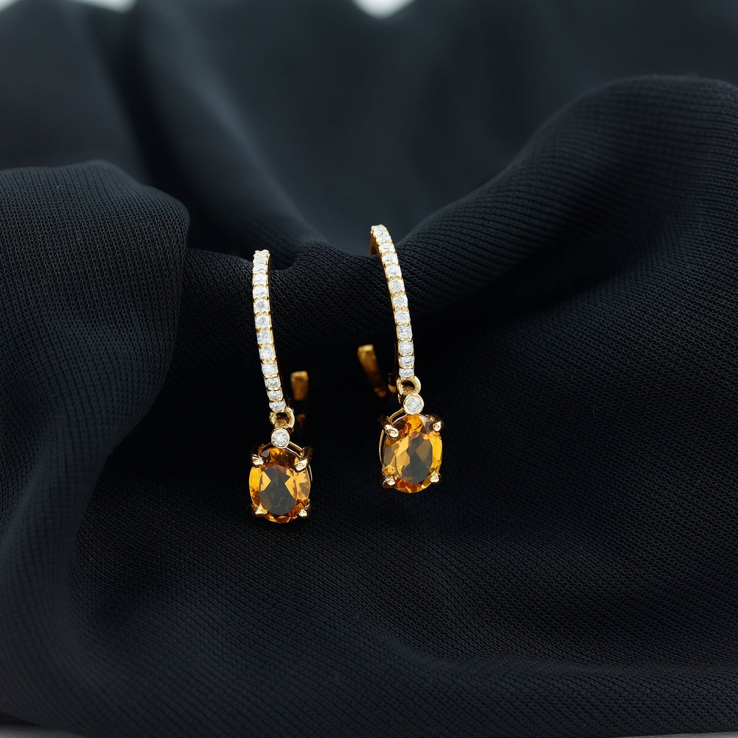 Oval Shape Citrine Hoop Drop Earrings with Diamond