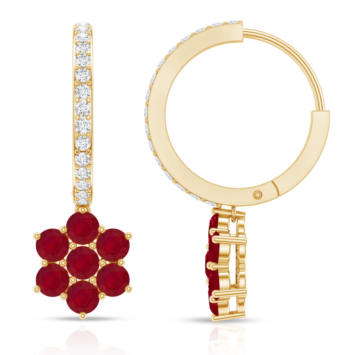 Certified Ruby Flower Drop Earrings with Diamond Hoop