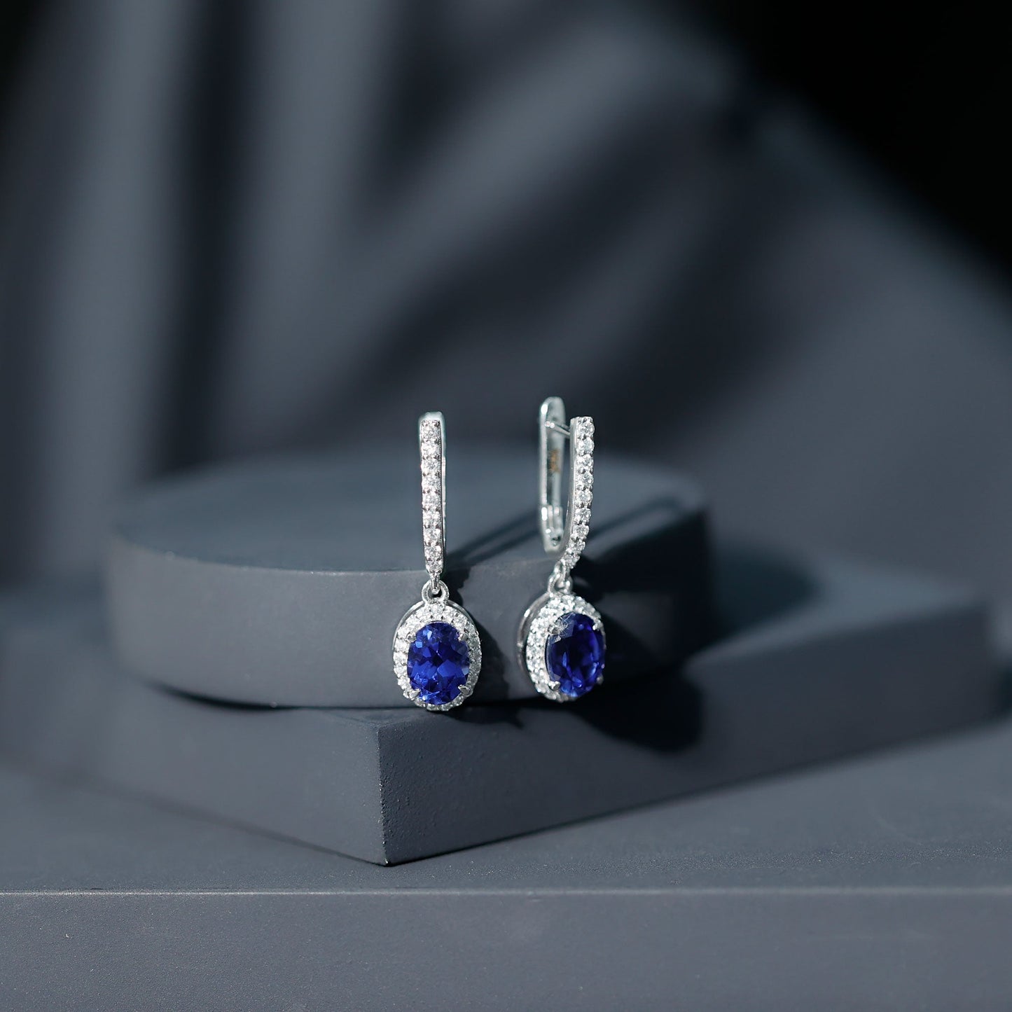 Lab Grown Blue Sapphire Hoop Drop Earrings with Moissanite Halo