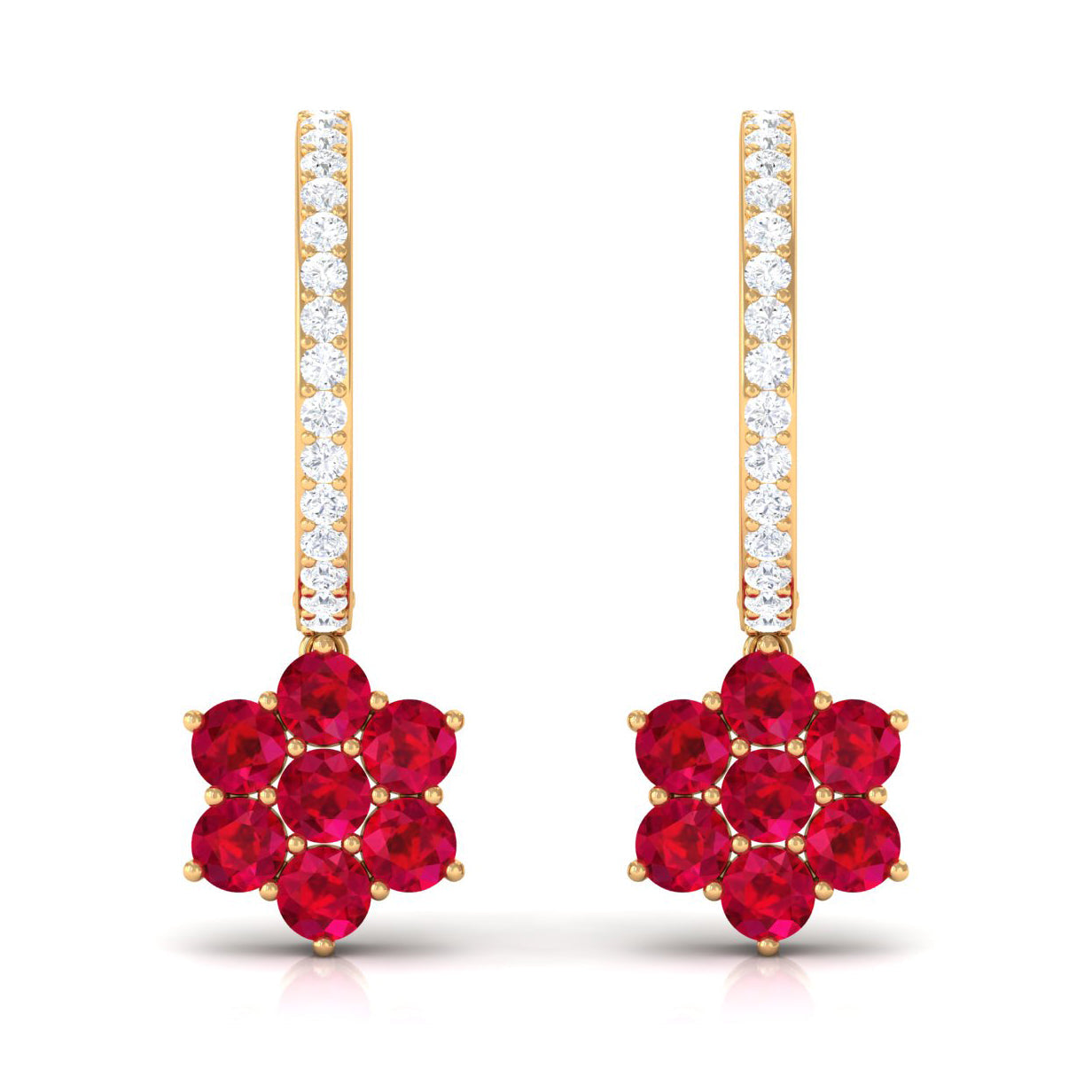Lab Created Ruby Flower Drop Hoop Earrings with Diamond
