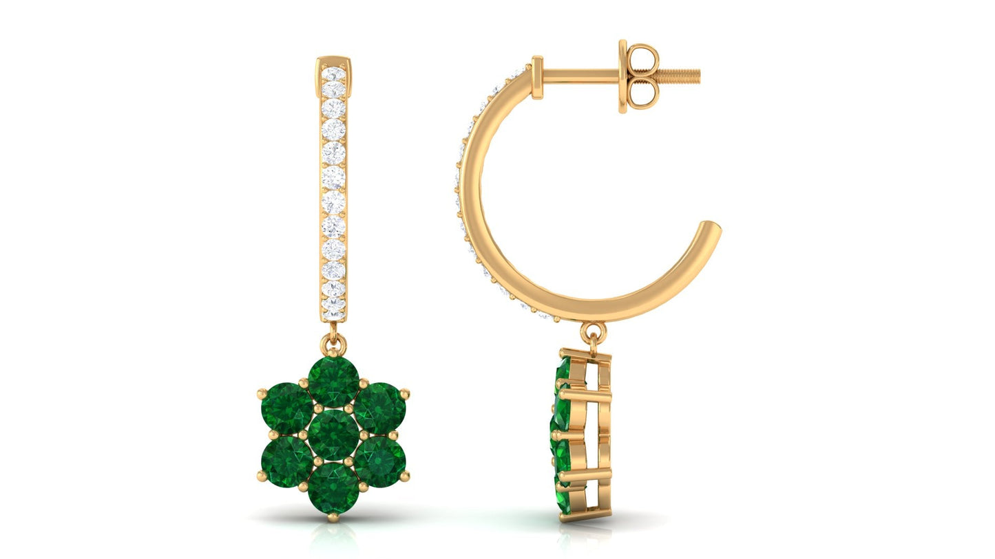 Lab Created Emerald and Diamond Flower Hoop Drop Earrings