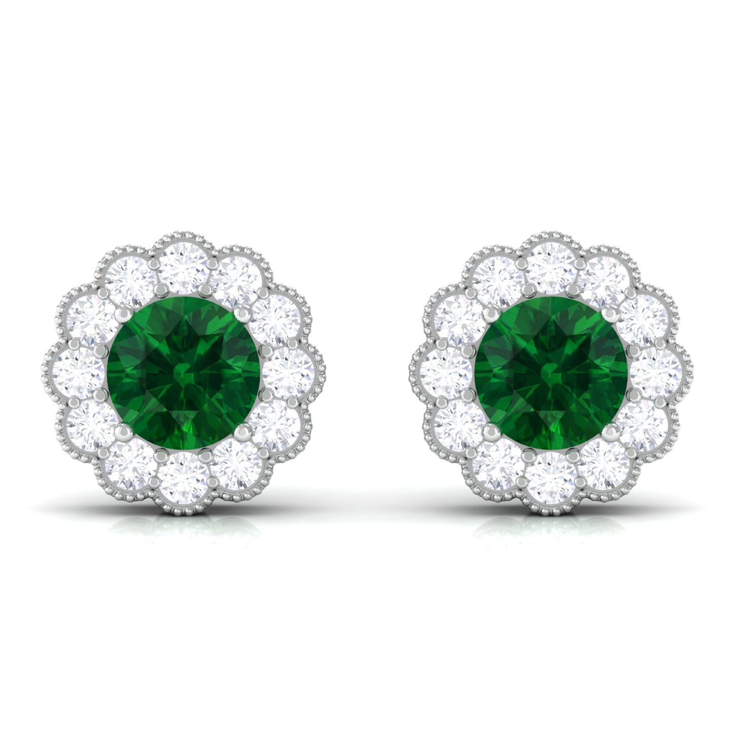 Lab Created Emerald Floral Stud Earrings with Diamond Halo