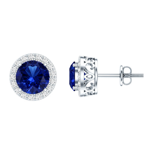 Certified 2 Carat Lab Grown Blue Sapphire Stud Earrings With Moissanite Halo