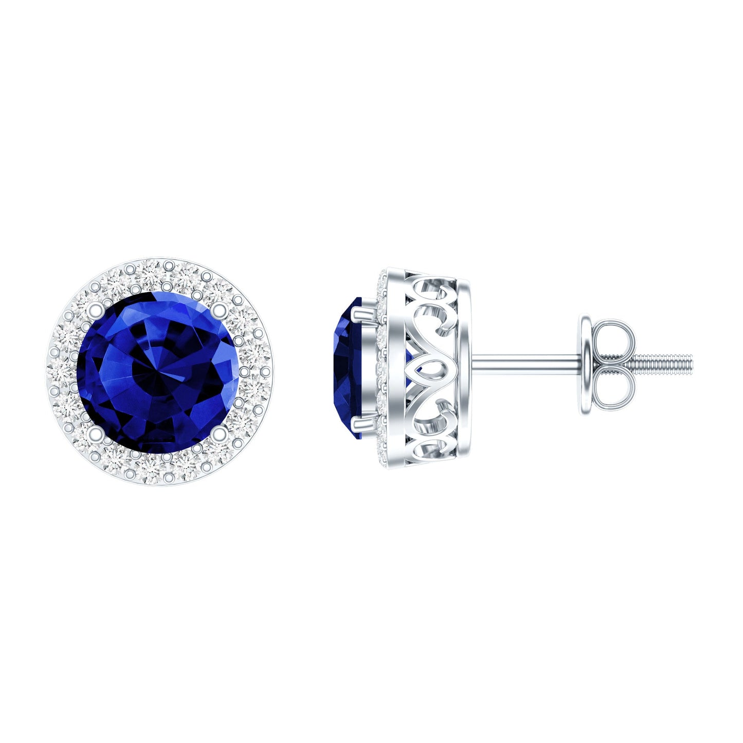 Certified 2 Carat Lab Grown Blue Sapphire Stud Earrings With Moissanite Halo