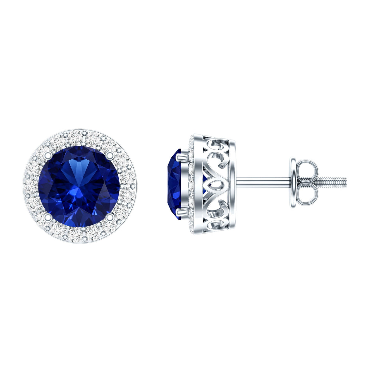 Round Lab Grown Blue Sapphire Stud Earrings With Moissanite Halo