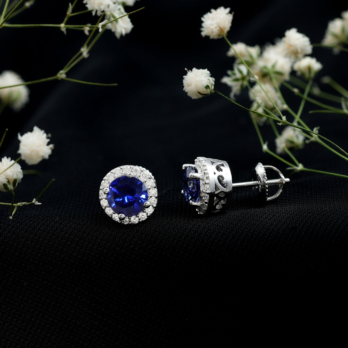 Certified 2 Carat Lab Grown Blue Sapphire Stud Earrings With Moissanite Halo