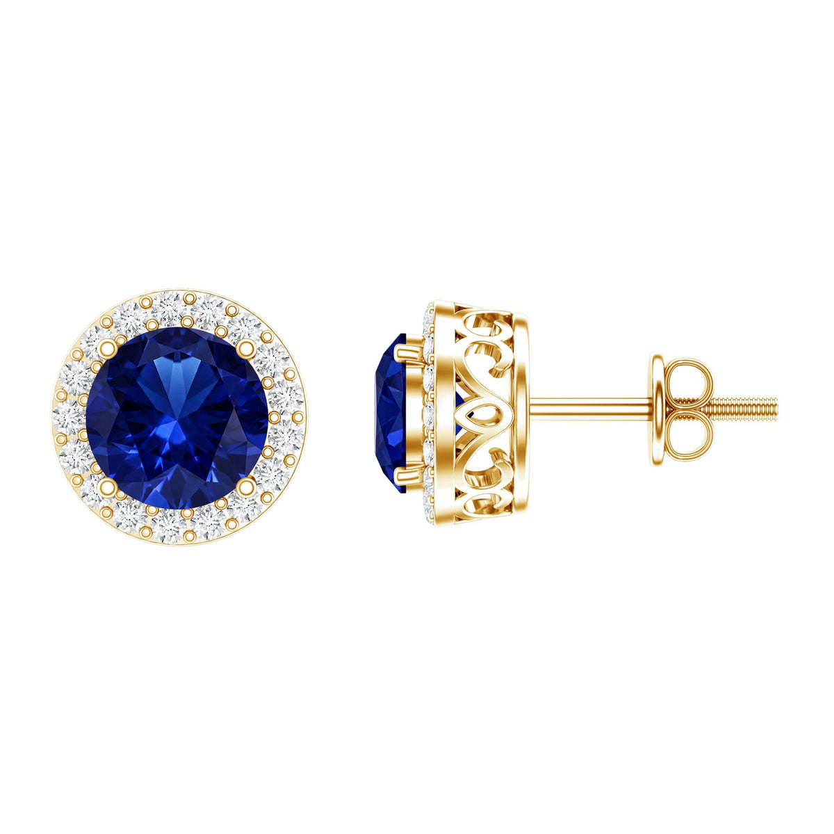 Round Lab Grown Blue Sapphire Stud Earrings With Moissanite Halo