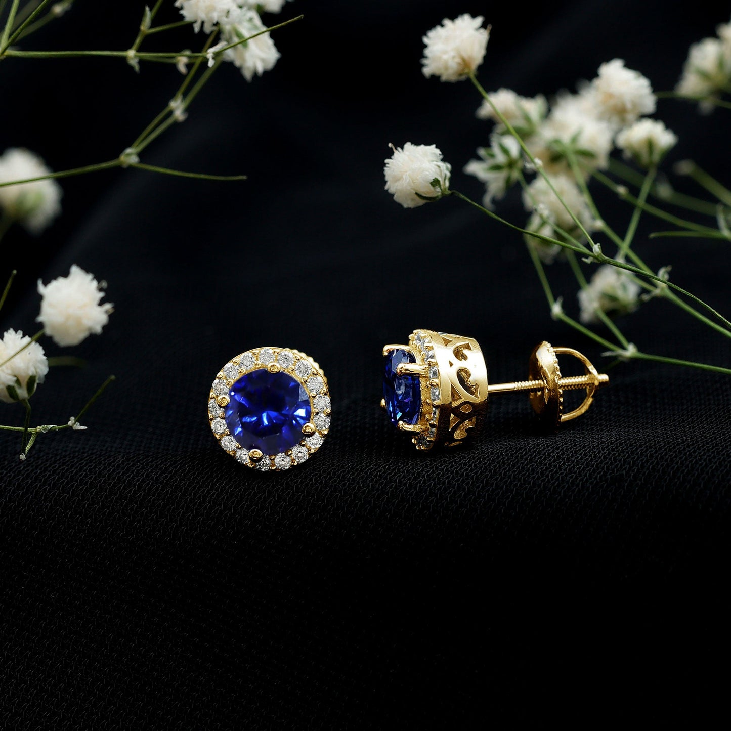 Round Lab Grown Blue Sapphire Stud Earrings With Moissanite Halo