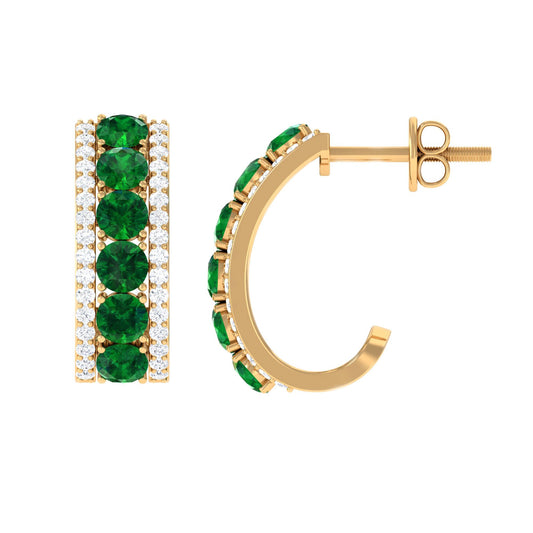 Lab Created Emerald and Diamond Hoop Earrings with Certificate