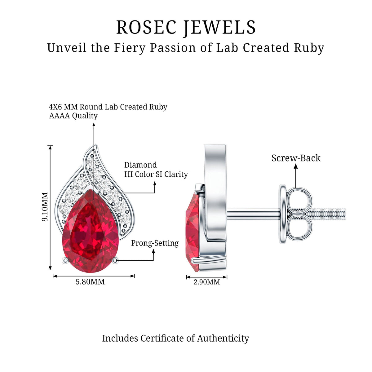 Pear Shaped Lab Created Ruby and Diamond Stud Earring