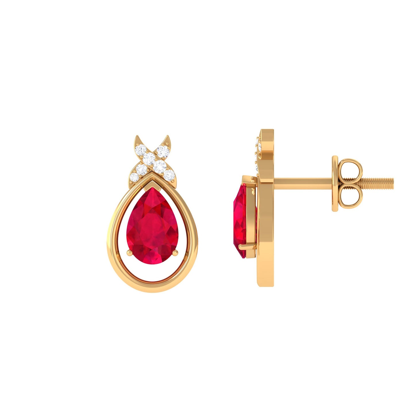 Lab Created Ruby Teardrop Stud Earrings with Diamonds