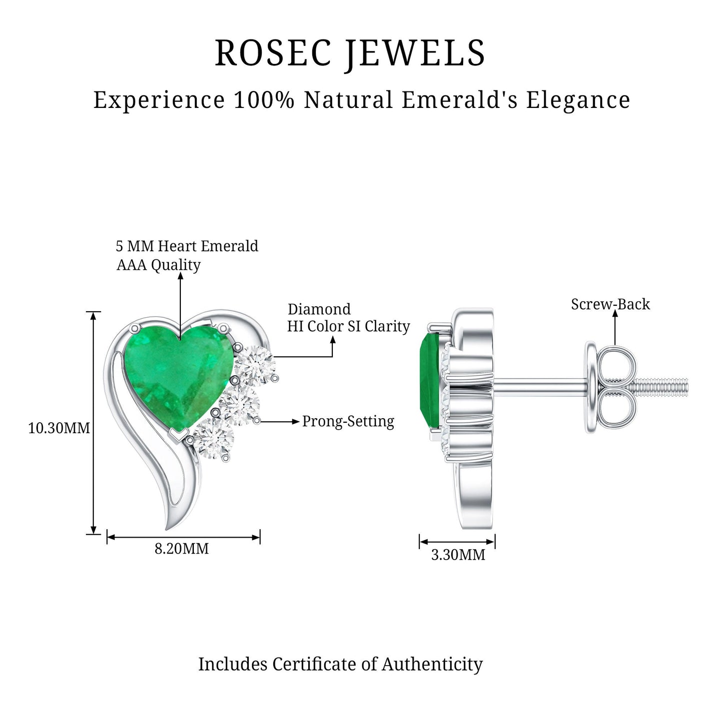 Real Emerald and Diamond Heart Stud Earrings