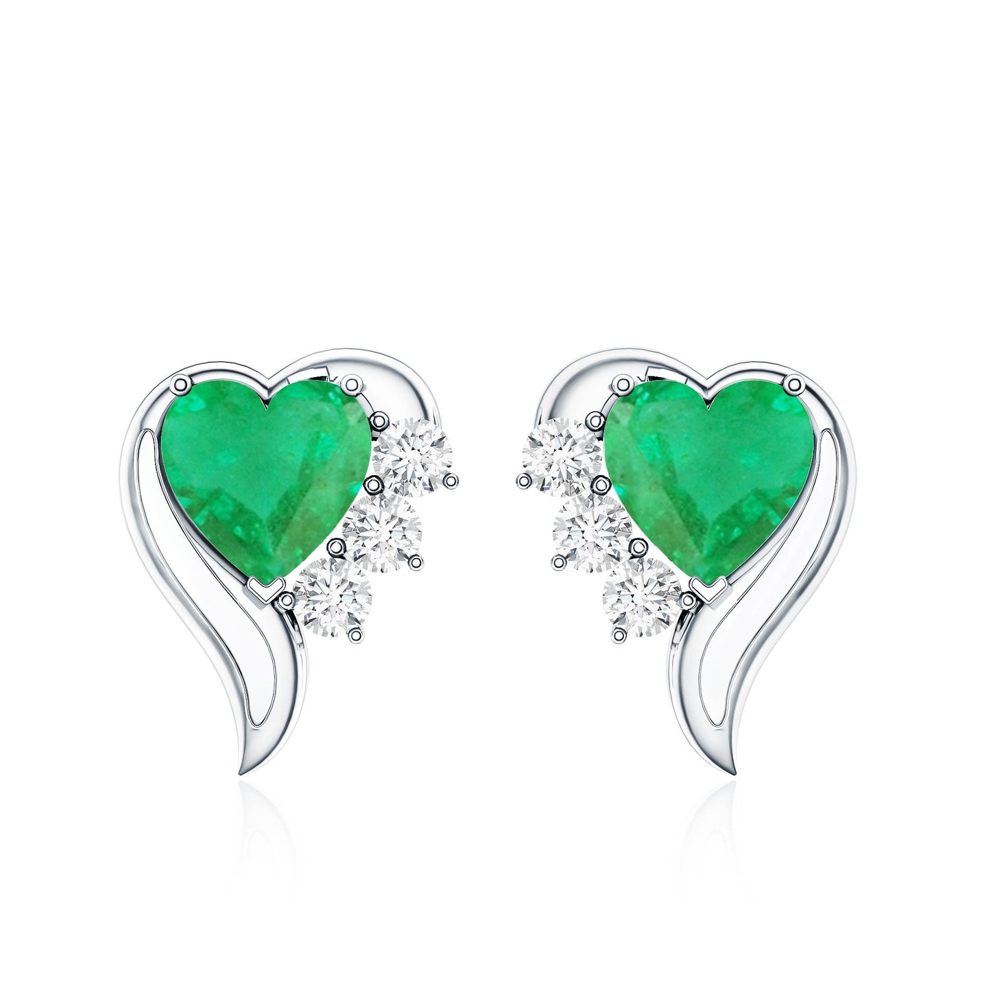 Real Emerald and Diamond Heart Stud Earrings