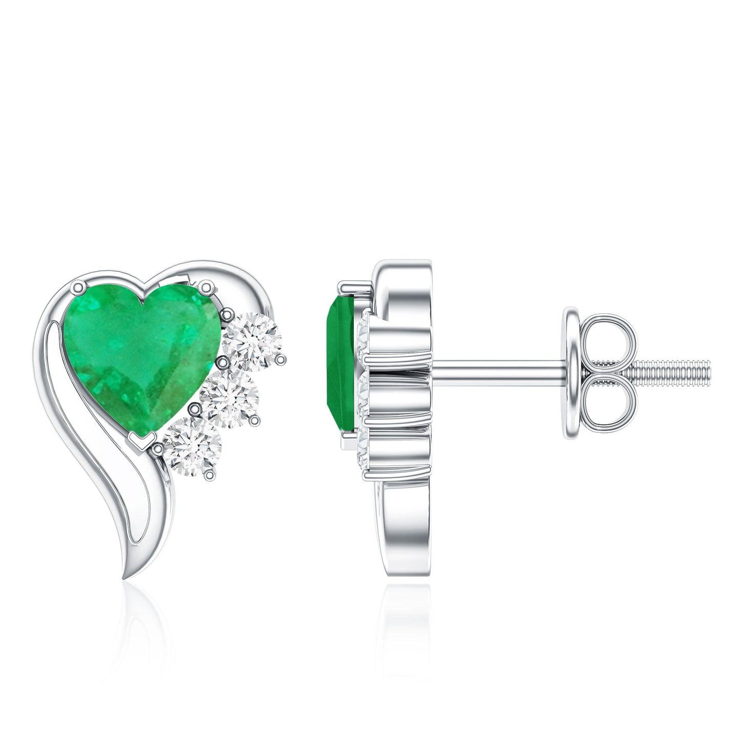 Real Emerald and Diamond Heart Stud Earrings