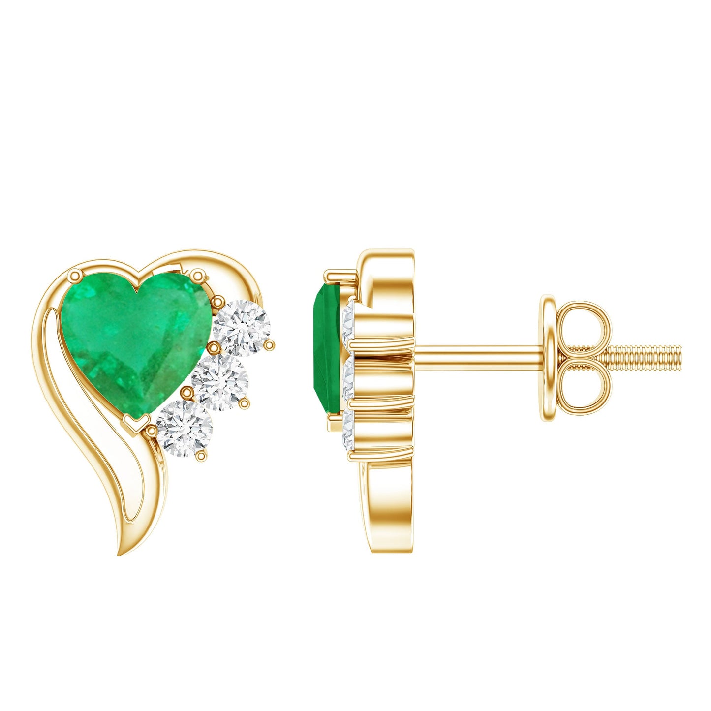 Real Emerald and Diamond Heart Stud Earrings