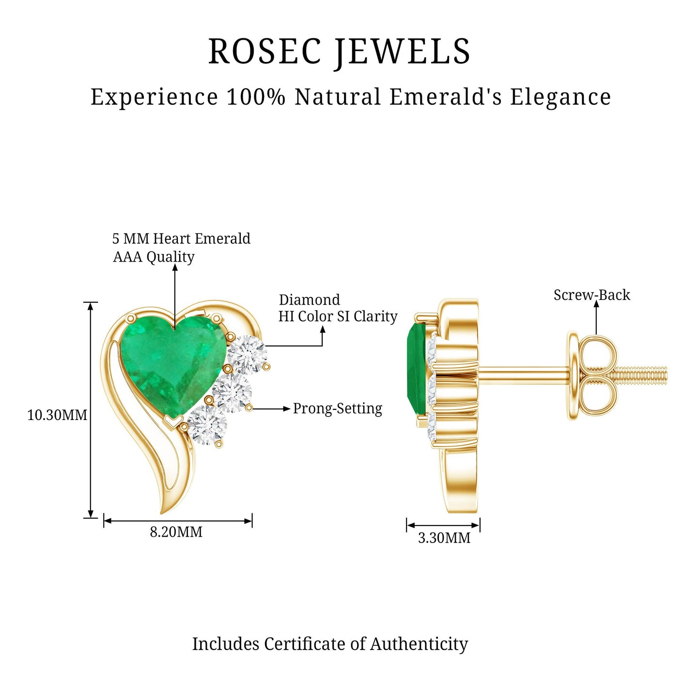 Real Emerald and Diamond Heart Stud Earrings