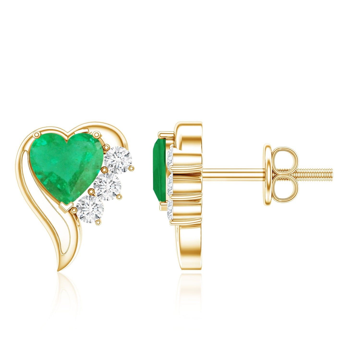 Real Emerald and Diamond Heart Stud Earrings