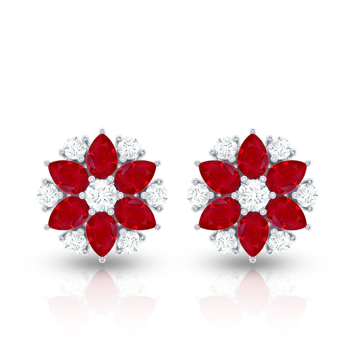 Pear Cut Ruby and Diamond Vintage Flower Earrings