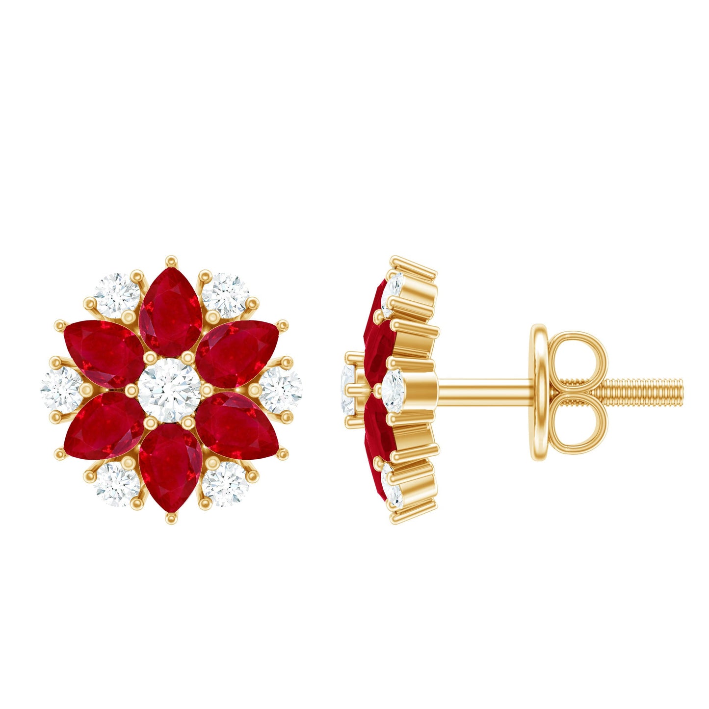 Pear Cut Ruby and Diamond Vintage Flower Earrings