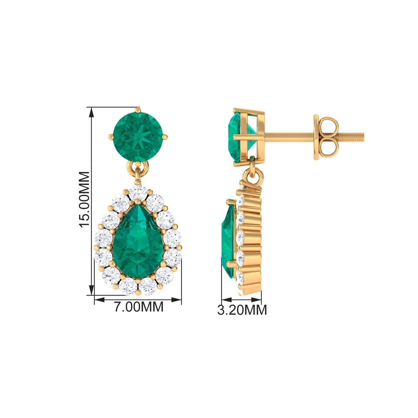 Natural Emerald Teardrop Earrings with Diamond Halo