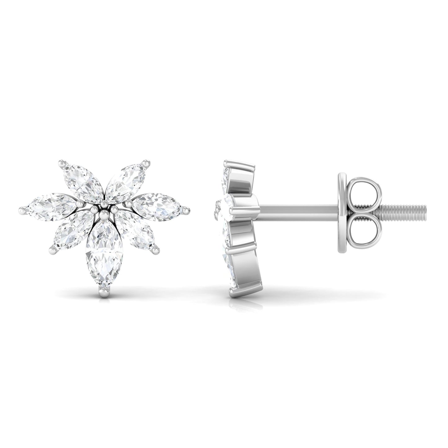 Marquise Cut Real Diamond Cluster Flower Stud Earrings