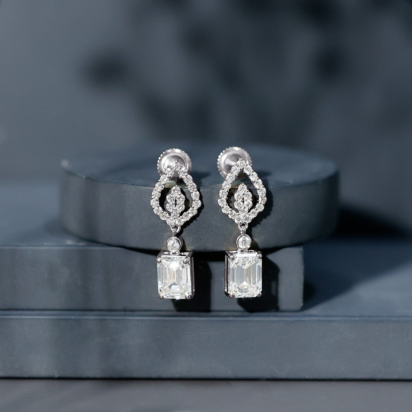 Emerald Cut Lab Grown Diamond Art Deco Drop Earrings