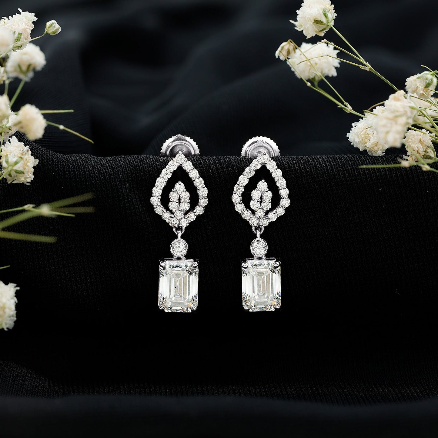 Emerald Cut Lab Grown Diamond Art Deco Drop Earrings