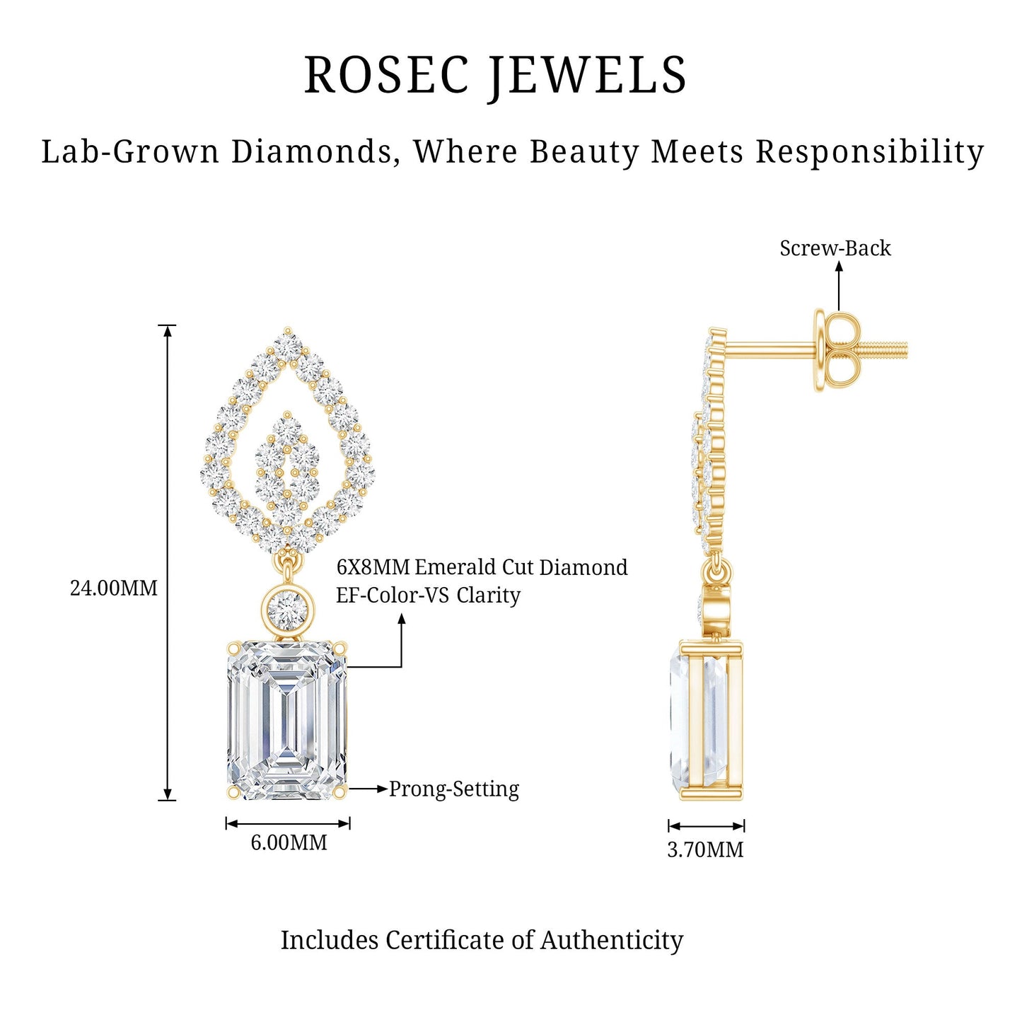 Emerald Cut Lab Grown Diamond Art Deco Drop Earrings