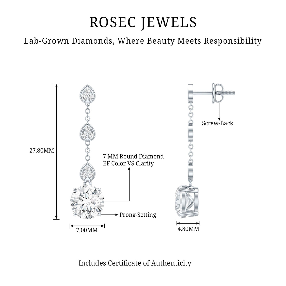 Certified Lab 2.5 Carat Round Diamond Dangle Chain Earrings