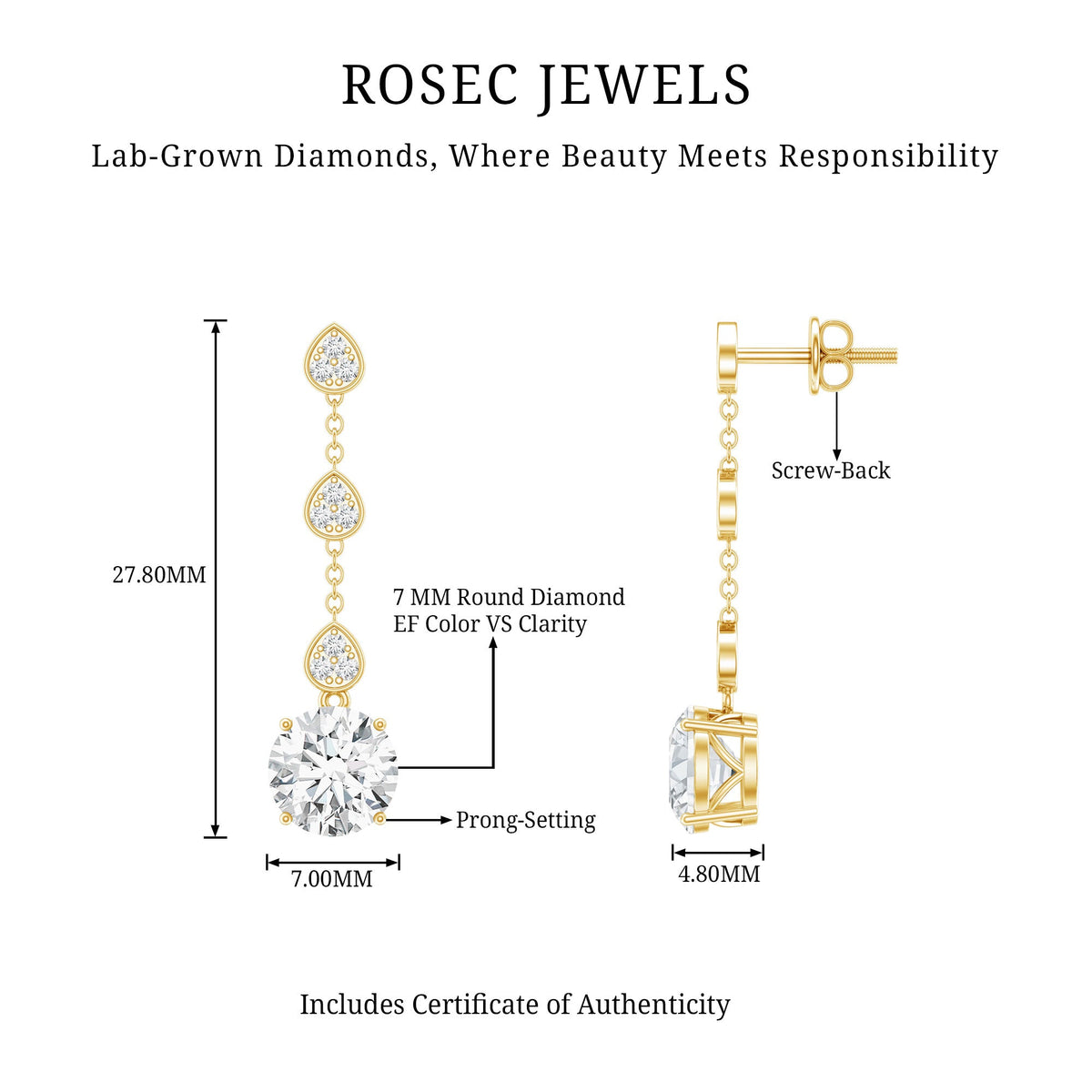 Certified Lab 2.5 Carat Round Diamond Dangle Chain Earrings