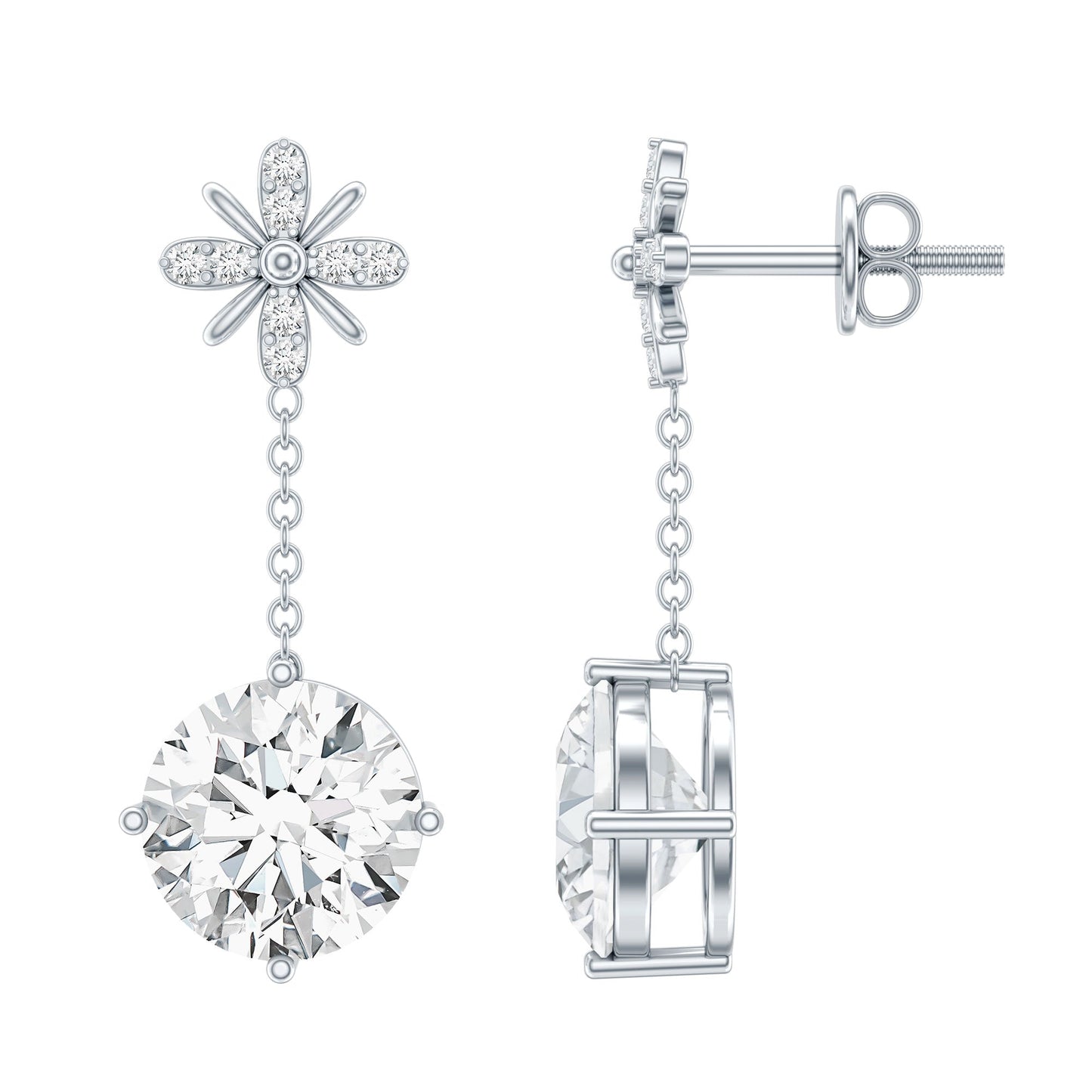 Certified 4 Carat Round Lab Grown Diamond Flower Dangle Earrings