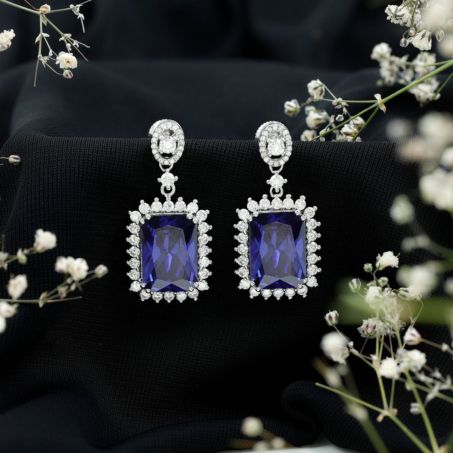 18 Carat Lab Blue Sapphire Wedding Dangle Earrings
