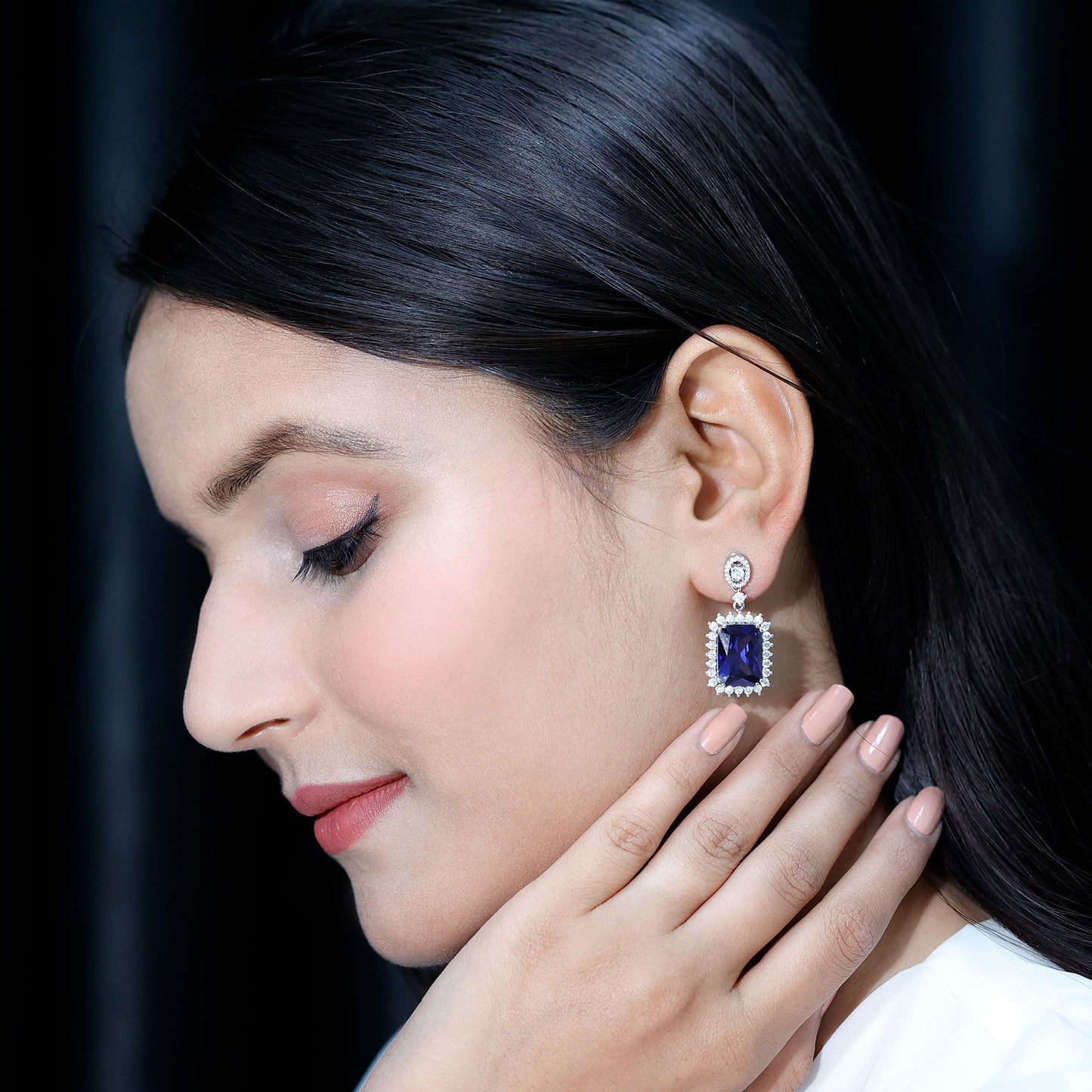 18 Carat Lab Blue Sapphire Wedding Dangle Earrings