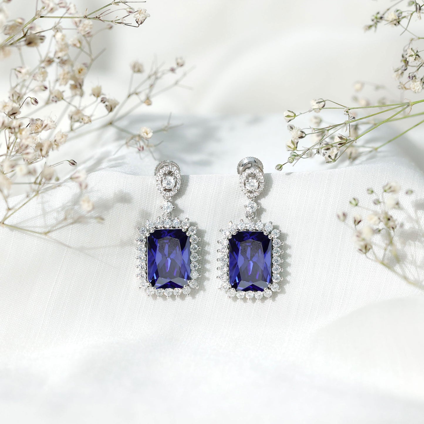 18 Carat Lab Blue Sapphire Wedding Dangle Earrings