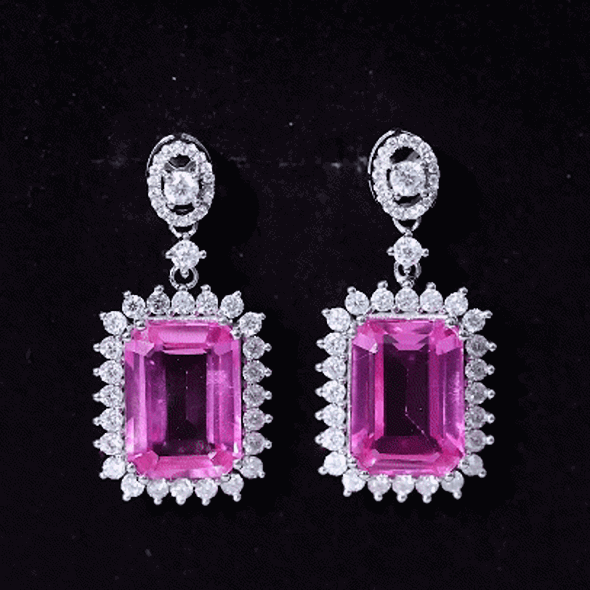 18 Carat Emerald Cut Lab Grown Pink Sapphire Statement Earrings for Wedding