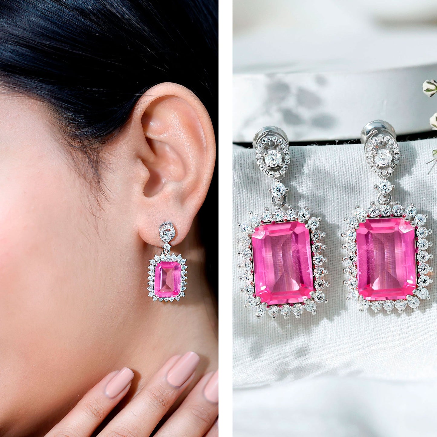 18 Carat Emerald Cut Lab Grown Pink Sapphire Statement Earrings for Wedding