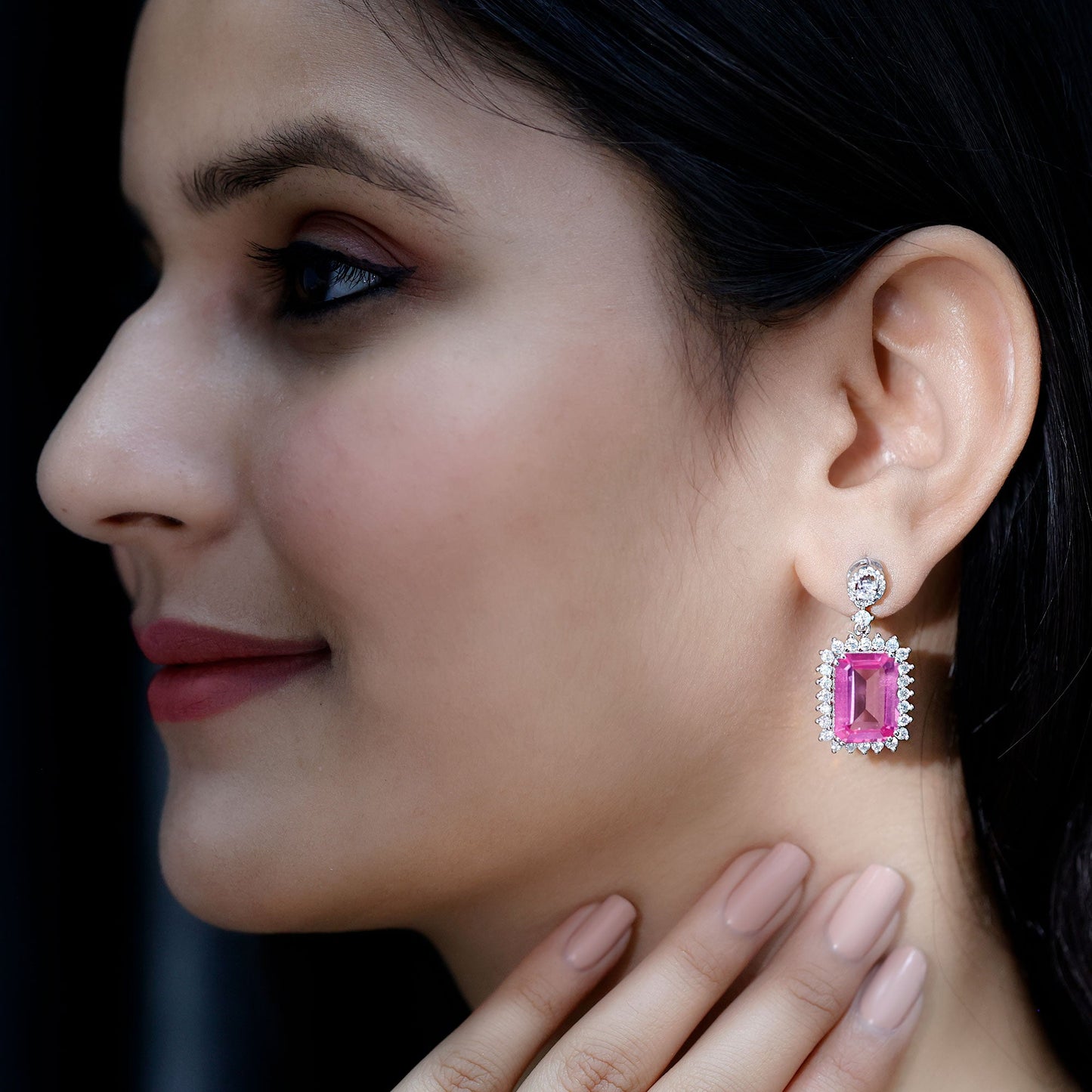 18 Carat Emerald Cut Lab Grown Pink Sapphire Statement Earrings for Wedding