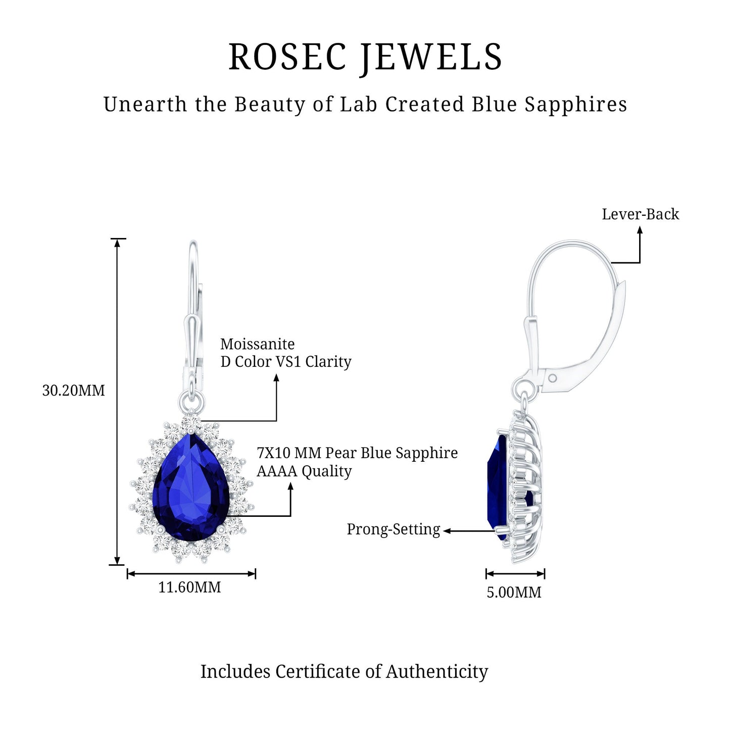5 Carat Lab Grown Blue Sapphire Sterling Silver Drop Earrings