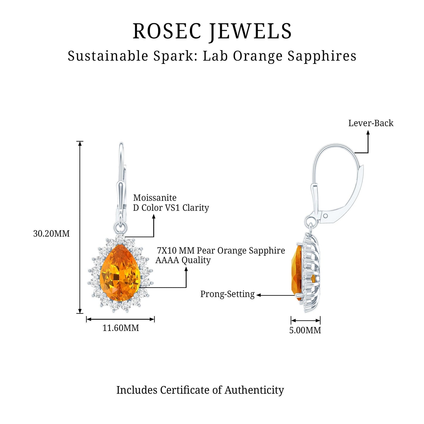 5 Carat Lab Grown Orange Sapphire Teardrop Earrings With Moissanite Halo Accents