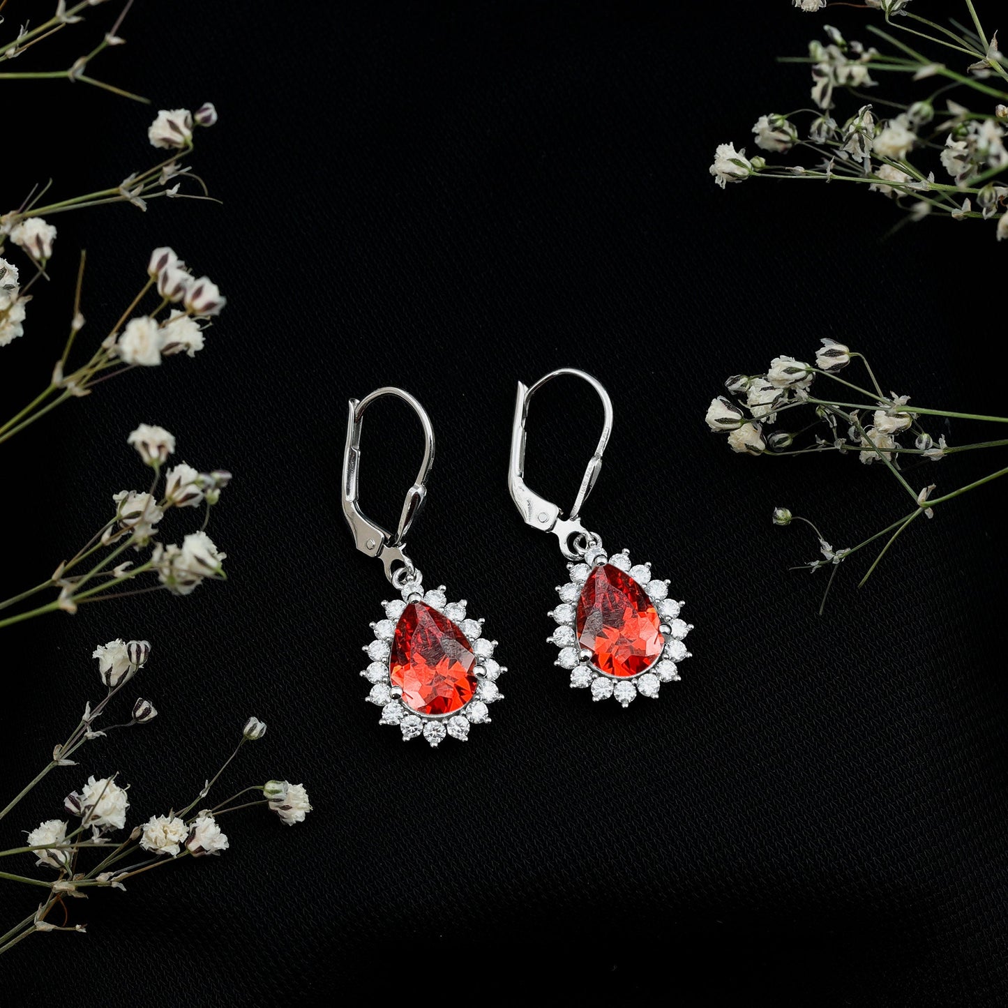 5 Carat Lab Grown Orange Sapphire Teardrop Earrings With Moissanite Halo Accents