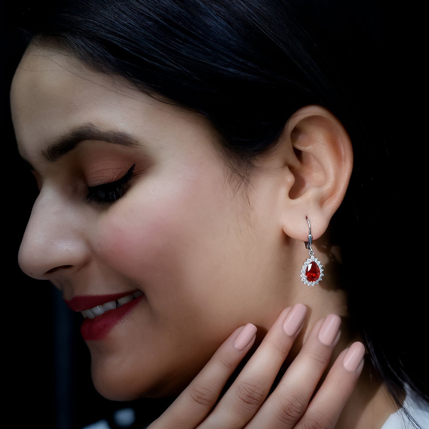 5 Carat Lab Grown Orange Sapphire Teardrop Earrings With Moissanite Halo Accents