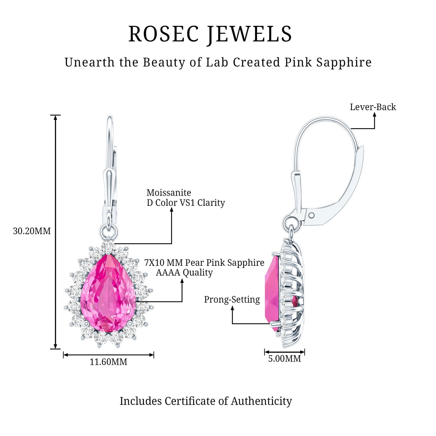 5 Carat Lab Grown Pink Sapphire Drop Earrings in Silver